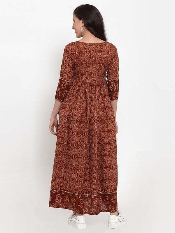 Indibelle Cotton Brown Floral Print A-Line Dress