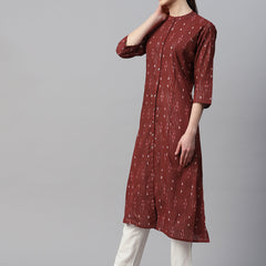 Indibelle Cotton Lurex Maroon Ikat Print A-Line Kurta
