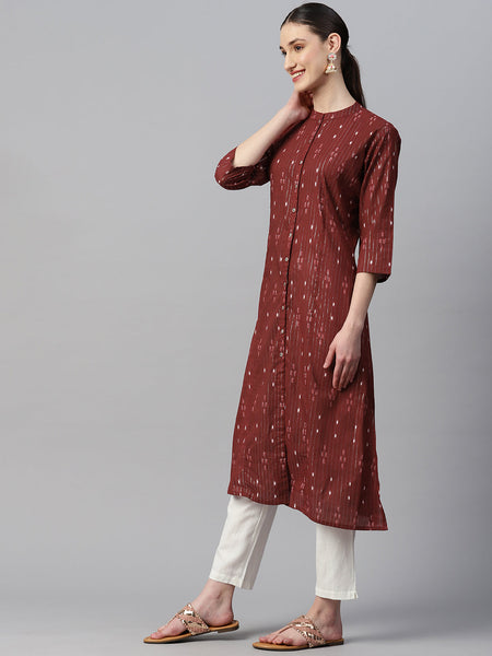 Indibelle Cotton Lurex Maroon Ikat Print A-Line Kurta