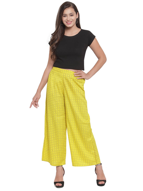 Indibelle Rayon Checked Print Plazzo Pants (Yellow)
