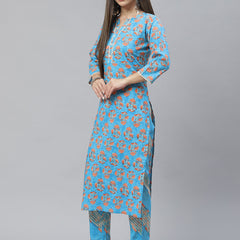 Indibelle Cotton Sky Blue Floral Print Straight Kurta set