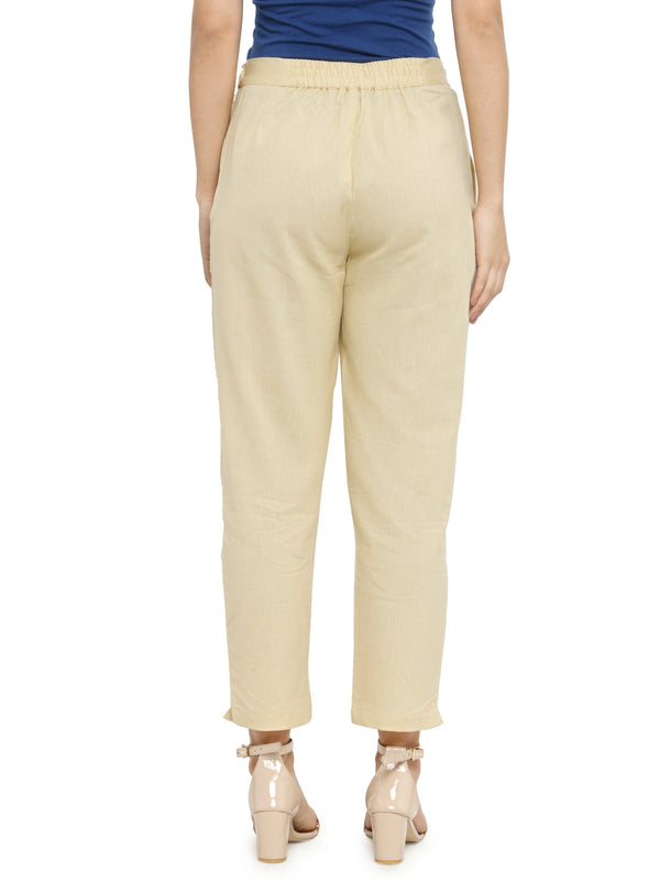 Indibelle Cotton Solid Cream Trousers