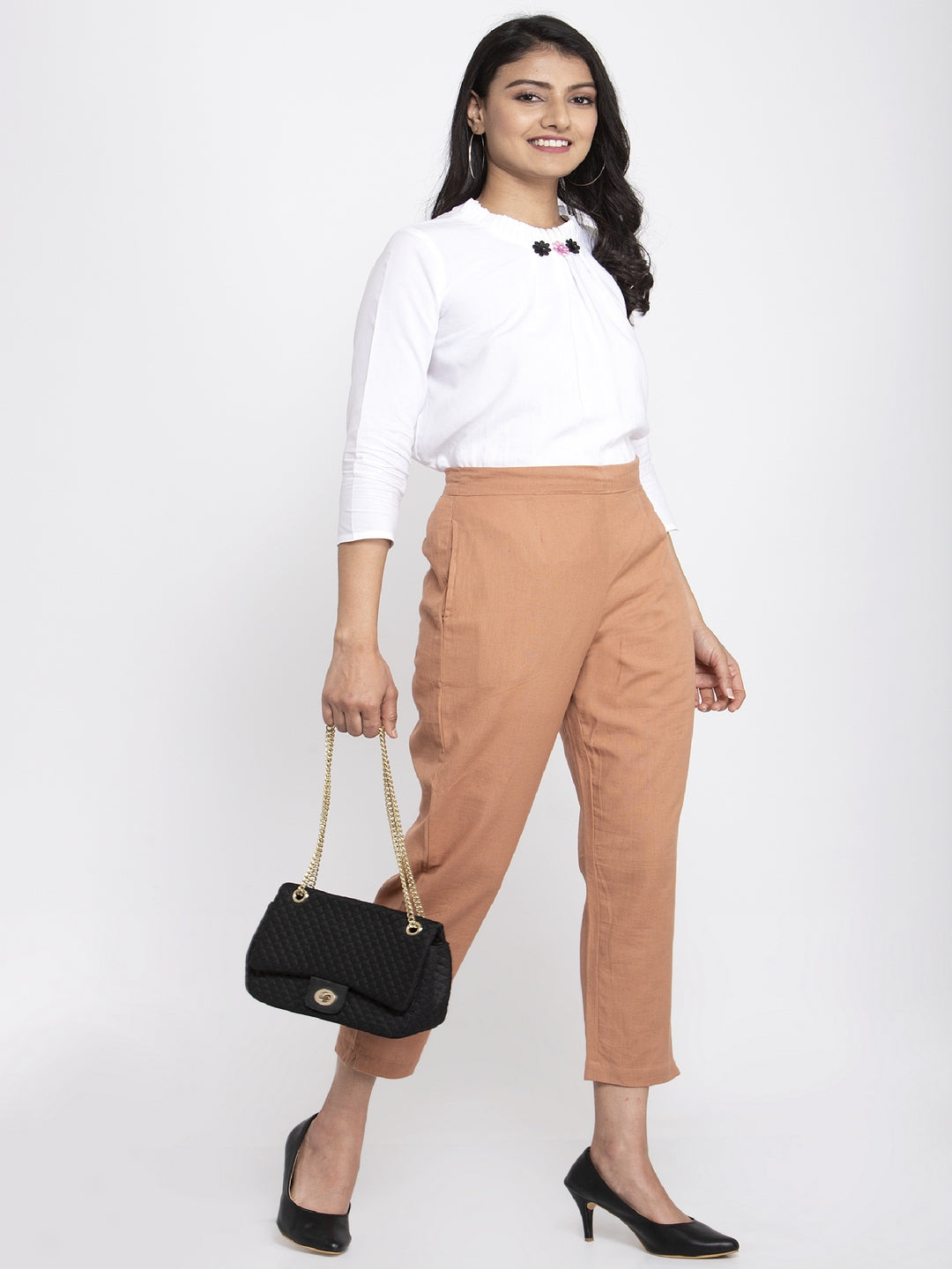 Indibelle Cotton Solid Peach Trousers