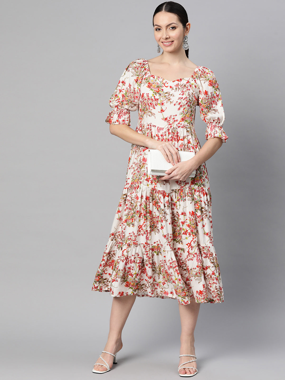 Indibelle Rayon White Floral Print Dress