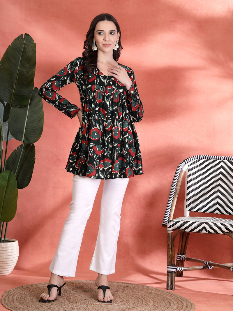Indibelle Rayon Abstract Print Empire Cut Kurti (Green)