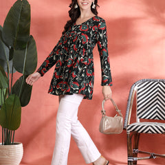 Indibelle Rayon Abstract Print Empire Cut Kurti (Green)