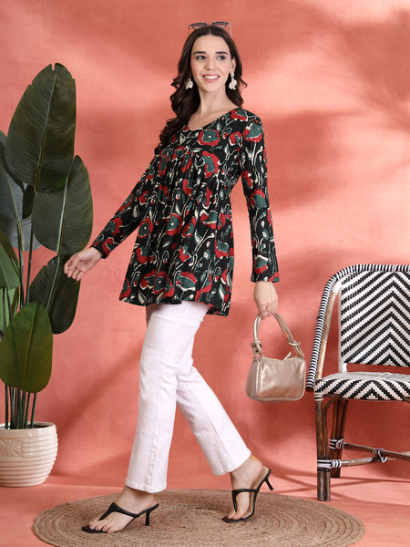 Indibelle Rayon Abstract Print Empire Cut Kurti (Green)