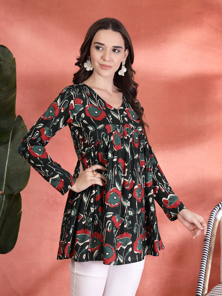 Indibelle Rayon Abstract Print Empire Cut Kurti (Green)