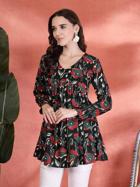 Indibelle Rayon Abstract Print Empire Cut Kurti (Green)