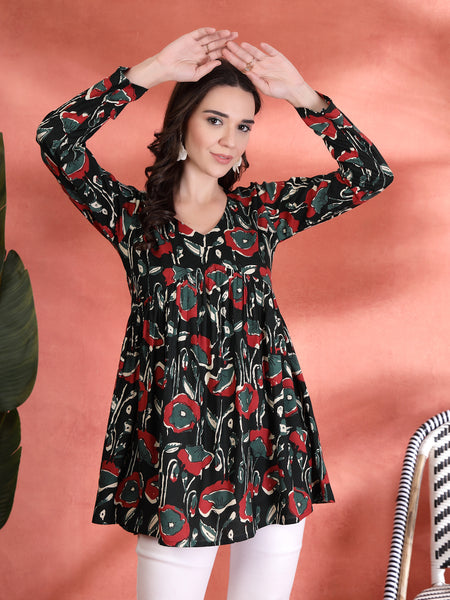 Indibelle Rayon Abstract Print Empire Cut Kurti (Green)