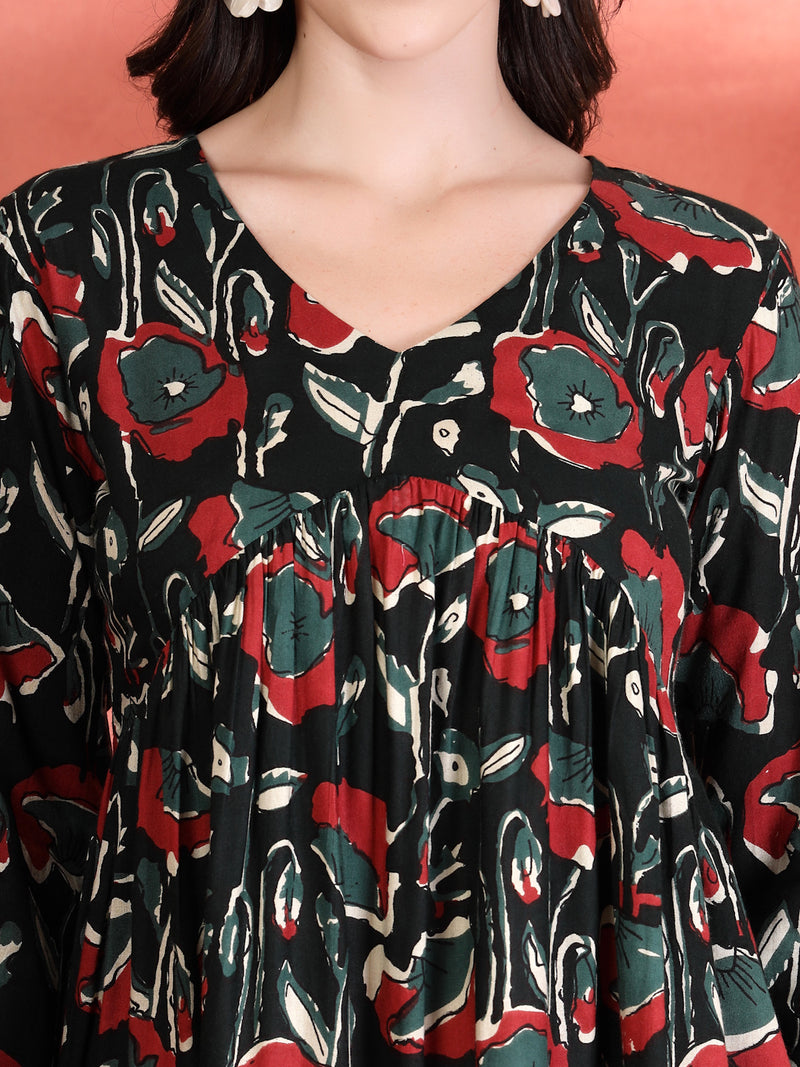 Indibelle Rayon Abstract Print Empire Cut Kurti (Green)