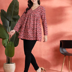 Indibelle Cotton Floral Print Empire Cut Kurti (Pink)