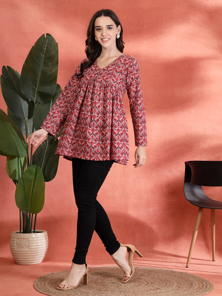 Indibelle Cotton Floral Print Empire Cut Kurti (Pink)