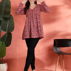 Indibelle Cotton Floral Print Empire Cut Kurti (Pink)