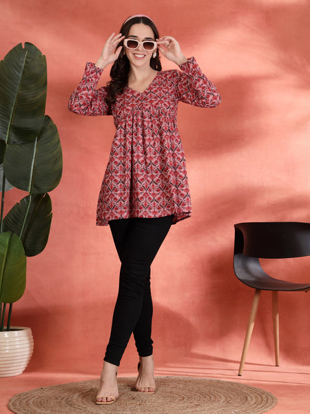 Indibelle Cotton Floral Print Empire Cut Kurti (Pink)