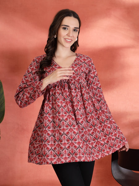 Indibelle Cotton Floral Print Empire Cut Kurti (Pink)