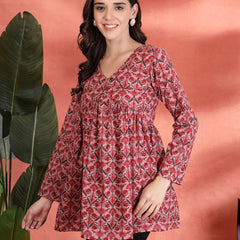 Indibelle Cotton Floral Print Empire Cut Kurti (Pink)