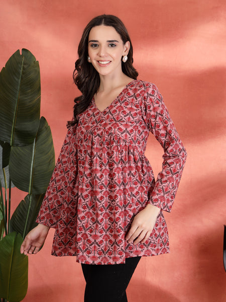 Indibelle Cotton Floral Print Empire Cut Kurti (Pink)