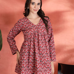 Indibelle Cotton Floral Print Empire Cut Kurti (Pink)