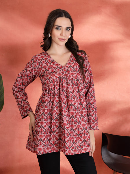 Indibelle Cotton Floral Print Empire Cut Kurti (Pink)