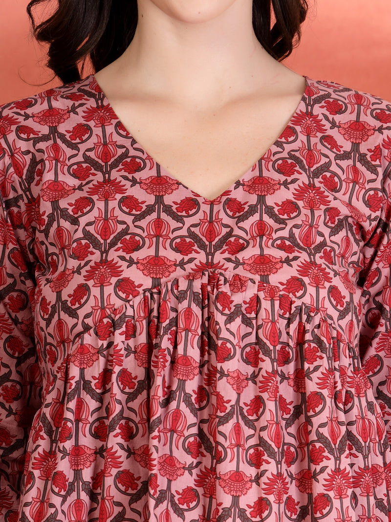Indibelle Cotton Floral Print Empire Cut Kurti (Pink)