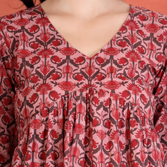 Indibelle Cotton Floral Print Empire Cut Kurti (Pink)