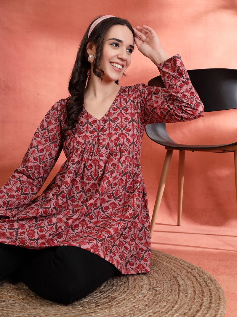 Indibelle Cotton Floral Print Empire Cut Kurti (Pink)