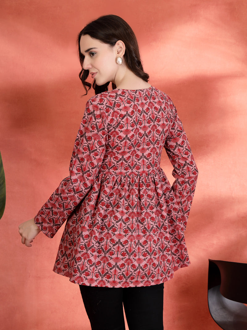 Indibelle Cotton Floral Print Empire Cut Kurti (Pink)