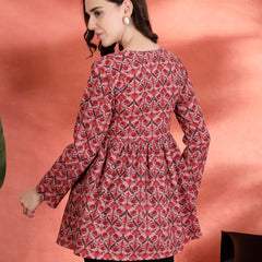 Indibelle Cotton Floral Print Empire Cut Kurti (Pink)