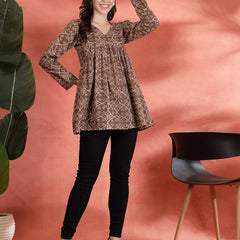 Indibelle Cotton Brown Floral Print Empire Cut Kurti