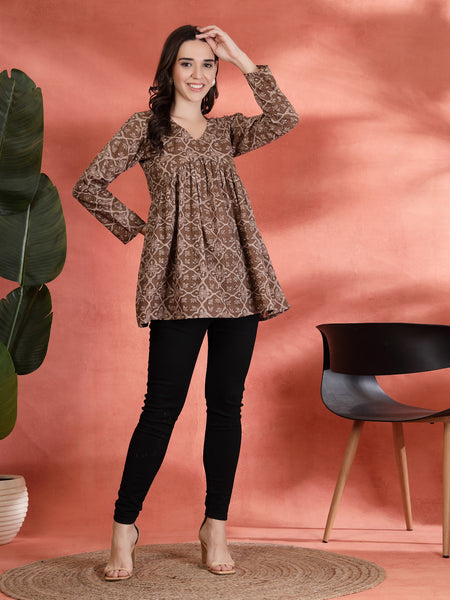 Indibelle Cotton Brown Floral Print Empire Cut Kurti
