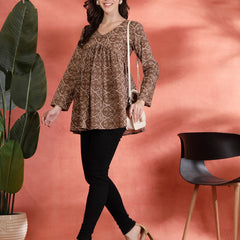 Indibelle Cotton Brown Floral Print Empire Cut Kurti