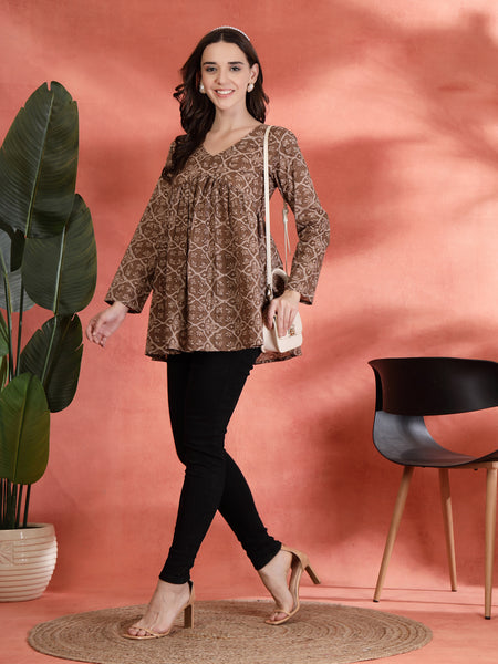 Indibelle Cotton Brown Floral Print Empire Cut Kurti