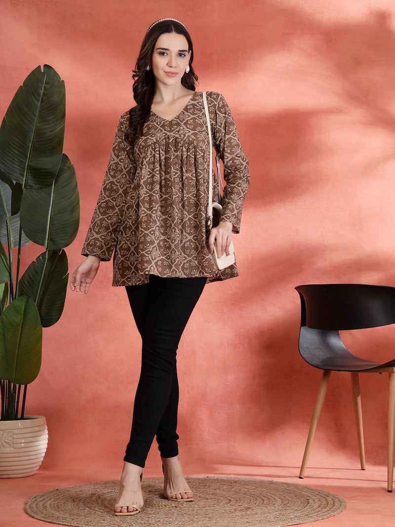 Indibelle Cotton Brown Floral Print Empire Cut Kurti