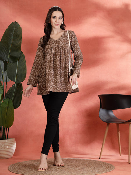 Indibelle Cotton Brown Floral Print Empire Cut Kurti