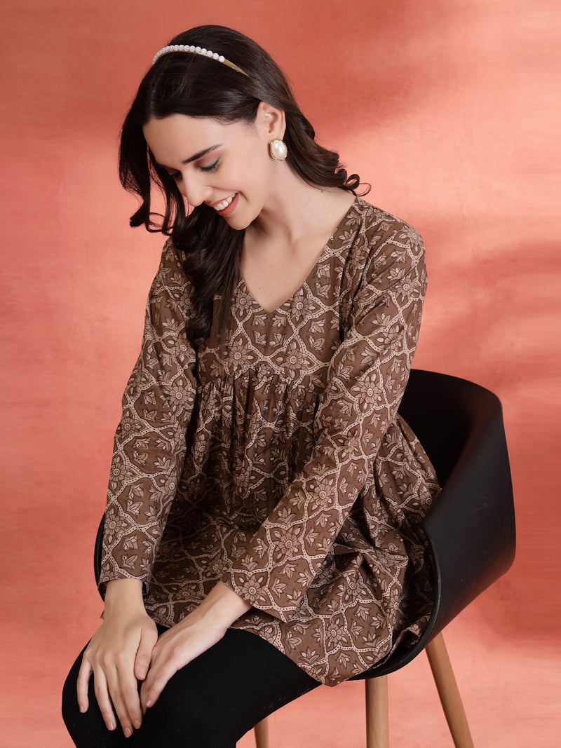 Indibelle Cotton Brown Floral Print Empire Cut Kurti
