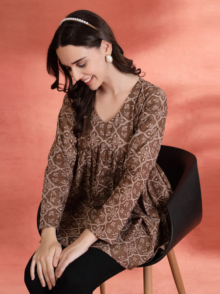 Indibelle Cotton Brown Floral Print Empire Cut Kurti