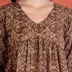 Indibelle Cotton Brown Floral Print Empire Cut Kurti