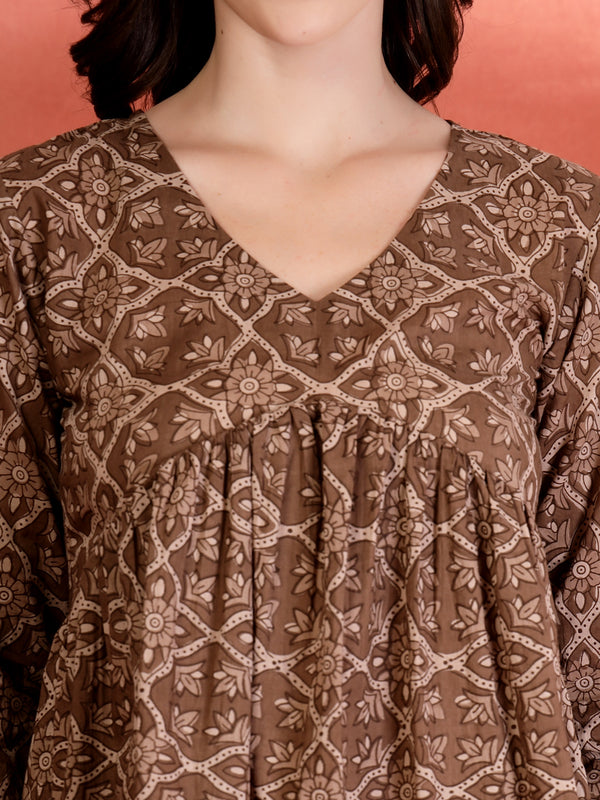 Indibelle Cotton Brown Floral Print Empire Cut Kurti