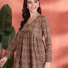 Indibelle Cotton Brown Floral Print Empire Cut Kurti