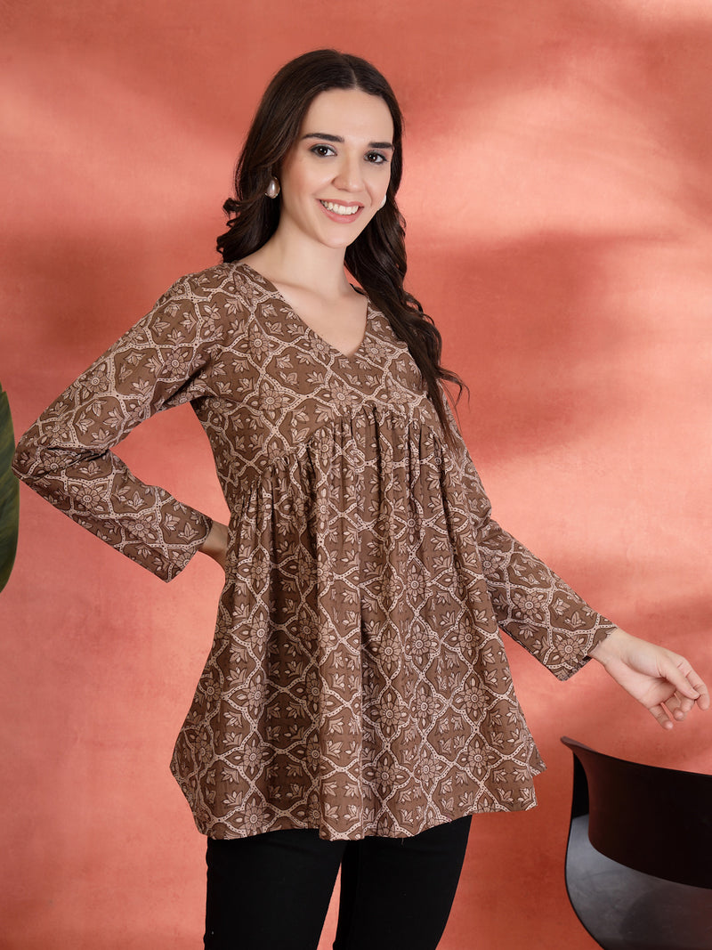 Indibelle Cotton Brown Floral Print Empire Cut Kurti