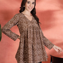 Indibelle Cotton Brown Floral Print Empire Cut Kurti