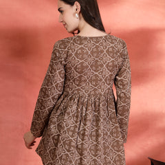 Indibelle Cotton Brown Floral Print Empire Cut Kurti