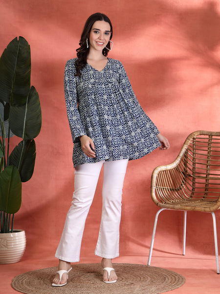 Indibelle Rayon Blue Floral Print Empire Cut Kurti
