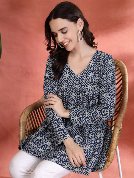 Indibelle Rayon Blue Floral Print Empire Cut Kurti