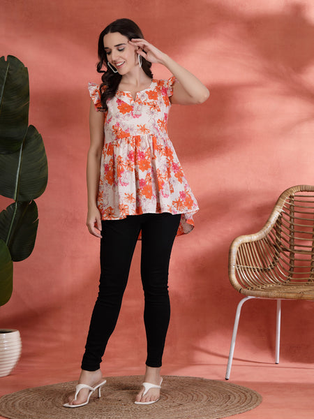 Indibelle Cotton Floral Print Gathered High Low Kurti (Orange)