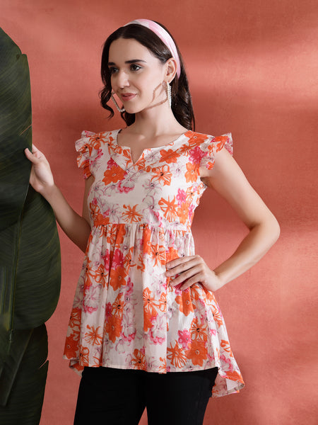 Indibelle Cotton Floral Print Gathered High Low Kurti (Orange)