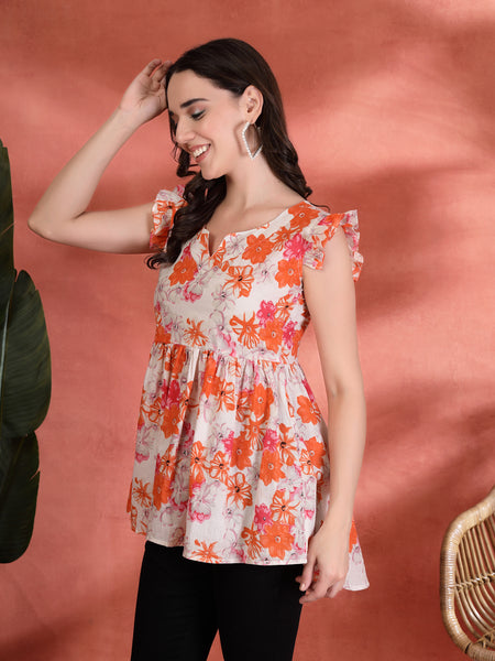 Indibelle Cotton Floral Print Gathered High Low Kurti (Orange)