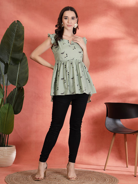 Indibelle Cotton Bird Print Gathered High Low Kurti (Green)