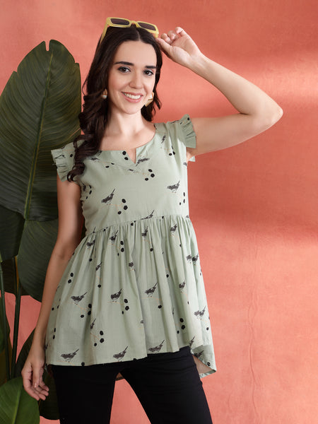 Indibelle Cotton Bird Print Gathered High Low Kurti (Green)